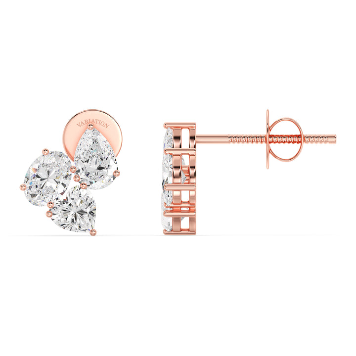 Nebula Flower Lab-Grown Diamond Stud Earrings in 18K Rose Gold with heart, pear, and oval EF/VS lab-grown diamonds in a gallery-inspired floral setting