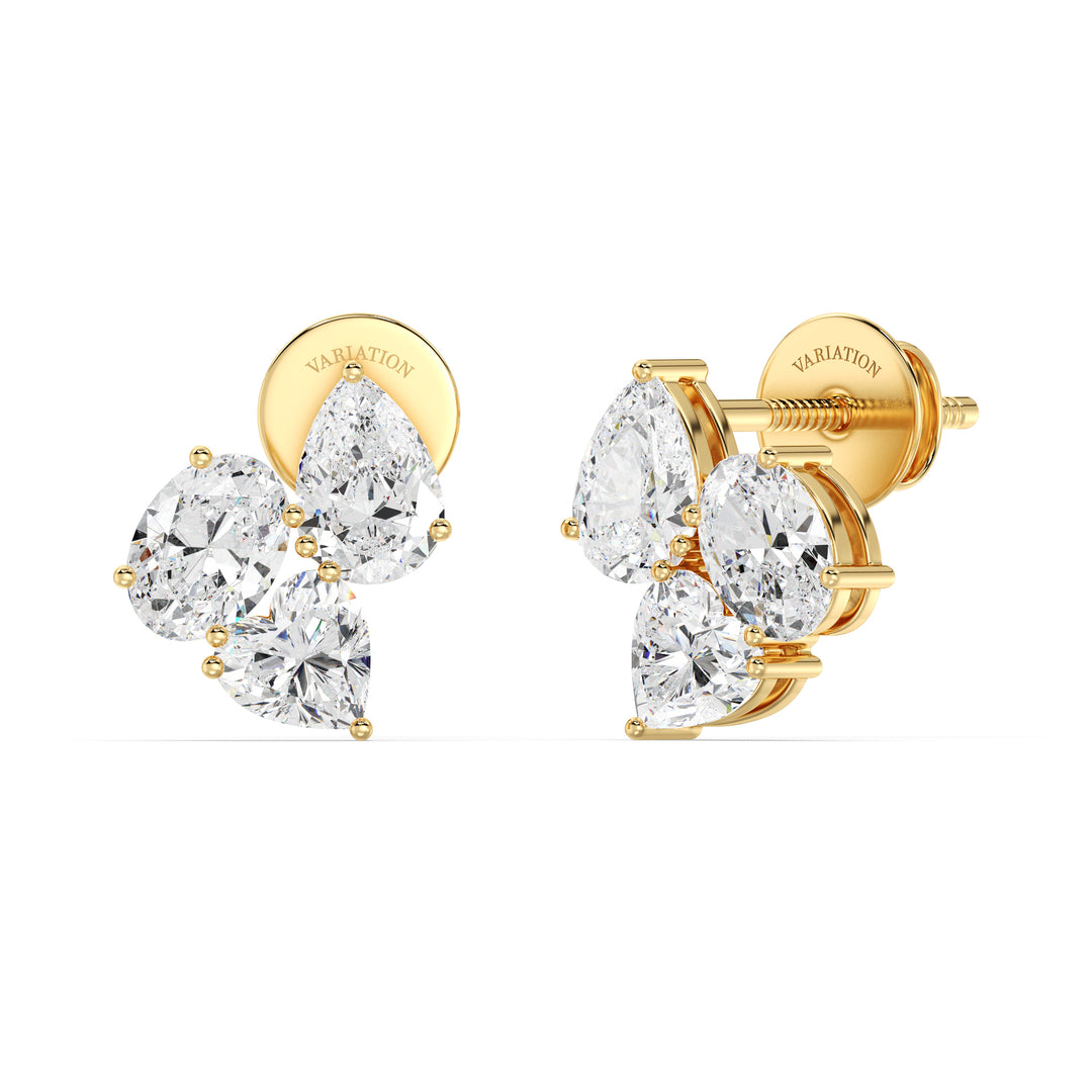 Nebula Flower Lab-Grown Diamond Stud Earrings in 18K Yellow Gold featuring heart, pear, and oval-shaped EF/VS diamonds in a floral design