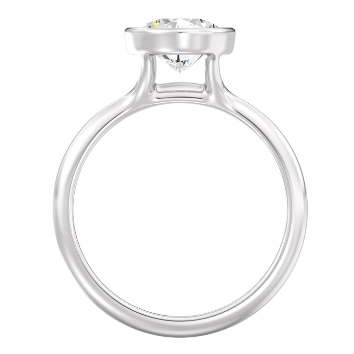 Oval-cut lab-grown diamond solitaire ring set in 18K white gold, showcasing a contemporary bezel setting that amplifies the brilliance of the EF/VS diamond