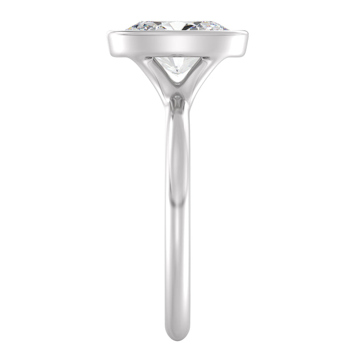 Oval-cut lab-grown diamond solitaire ring set in 18K white gold, showcasing a contemporary bezel setting that amplifies the brilliance of the EF/VS diamond
