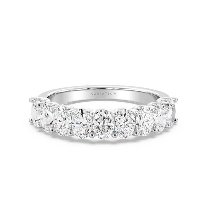Lab-Grown Diamond Oval Scallop Half Eternity Wedding Ring in 18K White Gold showcasing 9 oval-cut diamonds in a secure shared prong setting
