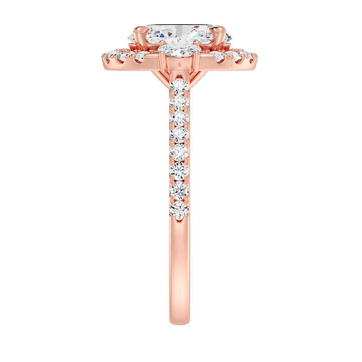 Oval lab-grown diamond scallop halo engagement ring in 18K rose gold featuring 1.50ct center oval diamond, side oval stones, and pavé-set round diamonds
