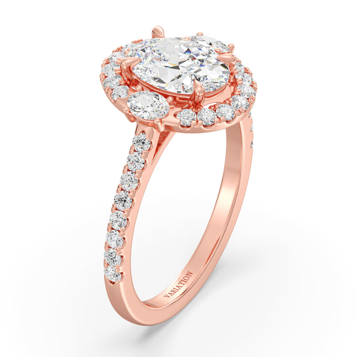 Oval lab-grown diamond scallop halo engagement ring in 18K rose gold featuring 1.50ct center oval diamond, side oval stones, and pavé-set round diamonds