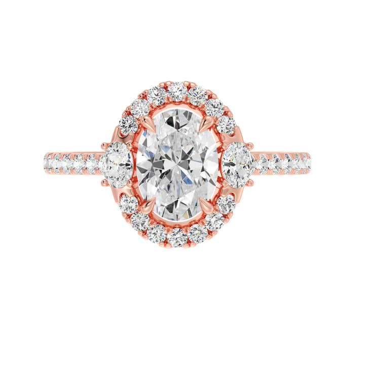 Oval lab-grown diamond scallop halo engagement ring in 18K rose gold featuring 1.50ct center oval diamond, side oval stones, and pavé-set round diamonds
