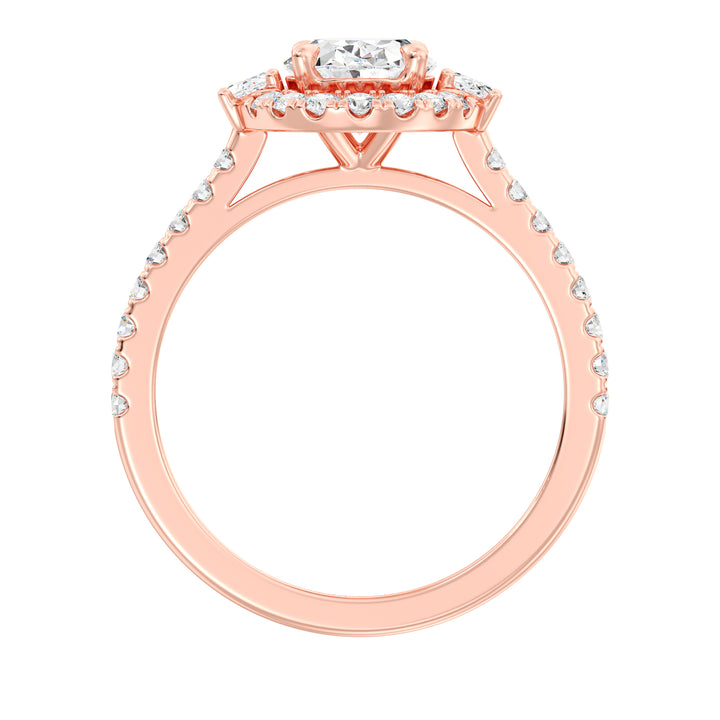 Oval lab-grown diamond scallop halo engagement ring in 18K rose gold featuring 1.50ct center oval diamond, side oval stones, and pavé-set round diamonds