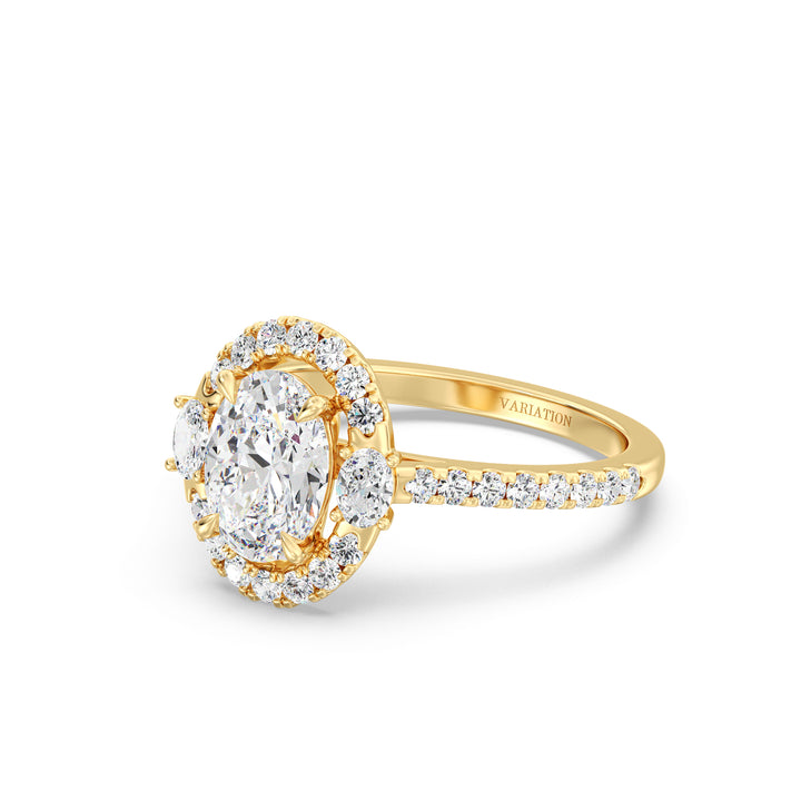 Oval lab-grown diamond scallop halo engagement ring in 18K yellow gold with 1.50ct center stone, side oval diamonds, and pavé round diamonds on the band