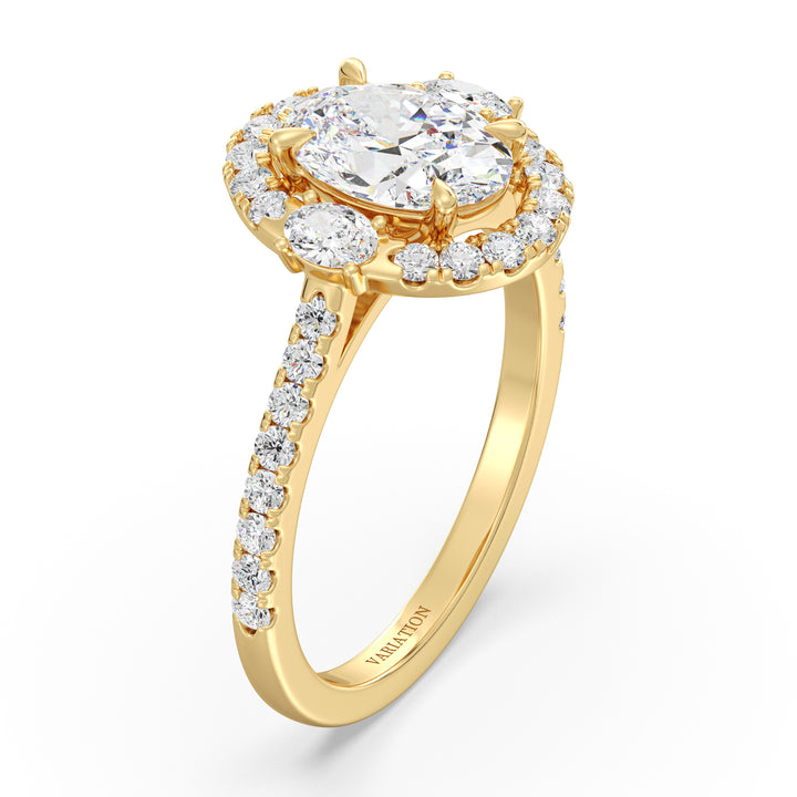 Oval lab-grown diamond scallop halo engagement ring in 18K yellow gold with 1.50ct center stone, side oval diamonds, and pavé round diamonds on the band