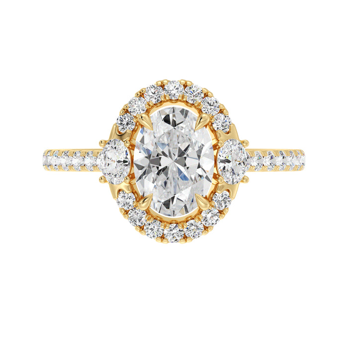 Oval lab-grown diamond scallop halo engagement ring in 18K yellow gold with 1.50ct center stone, side oval diamonds, and pavé round diamonds on the band