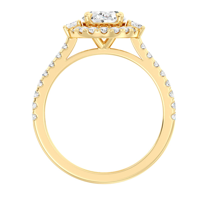Oval lab-grown diamond scallop halo engagement ring in 18K yellow gold with 1.50ct center stone, side oval diamonds, and pavé round diamonds on the band