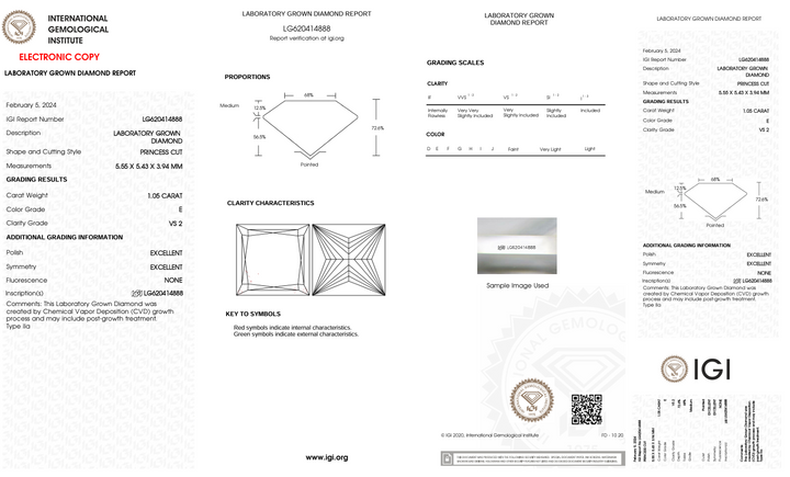 1,05 CT E Color vs2 Princess Cut Lab cultivado Diamond - Certificado IGI