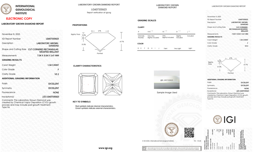 1.04 CT F kleur VS2 Radiant Cut Lab Gegroeide diamant - IGI -gecertificeerd