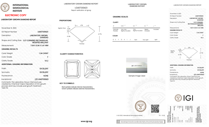 1.04 CT F kleur VS2 Radiant Cut Lab Gegroeide diamant - IGI -gecertificeerd
