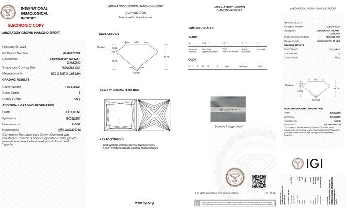 1.04 CT E kleur vs2 prinses gesneden lab gekweekte diamant - IgI -gecertificeerd