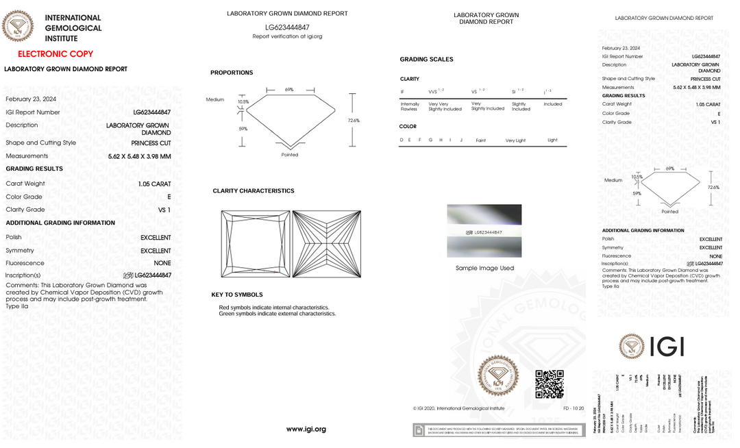1,05 CT E Color vs1 Princess Cut Lab cultivado Diamond - Certificado IGI