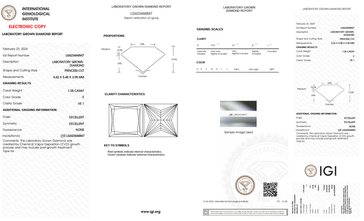 1,05 CT E Color vs1 Princess Cut Lab cultivado Diamond - Certificado IGI