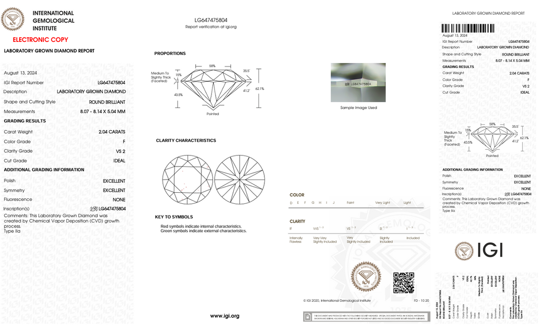 2.04 Carat Round Lab Grown Diamond, VS2/F