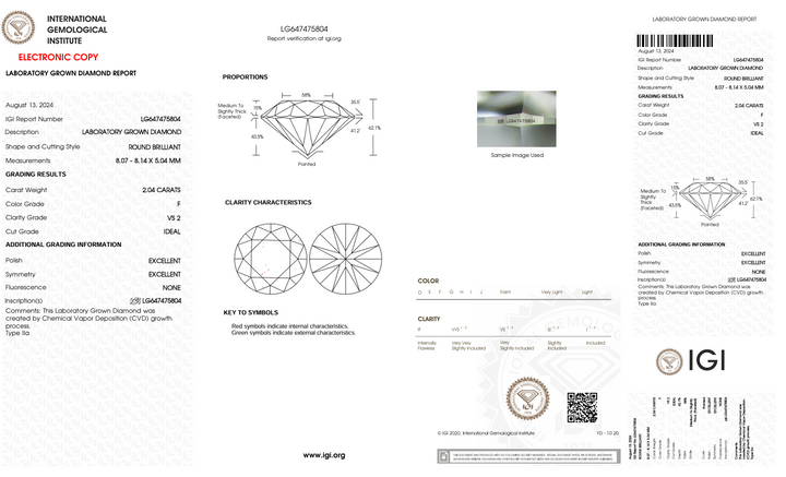2.04 Carat Round Lab Grown Diamond, VS2/F