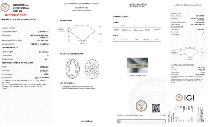 1,04 ct d warna vs1 oval cut lab -dewasa berlian - bersertifikat IGI