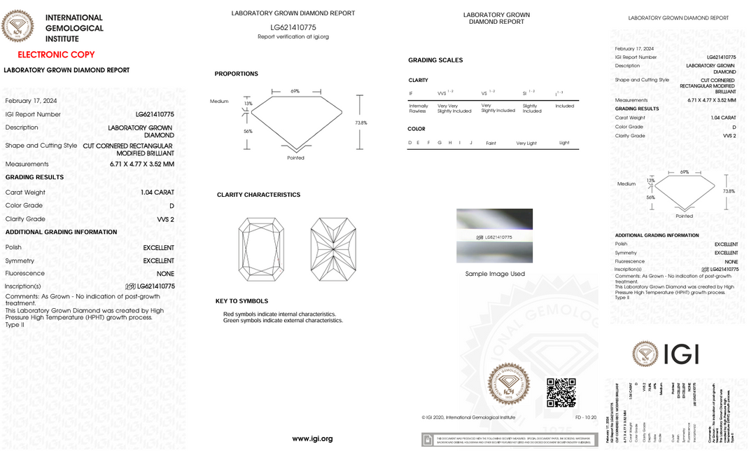 1.04 CT D kleur VVS2 Radiant Cut Lab Gegroeide diamant - IGI -gecertificeerd