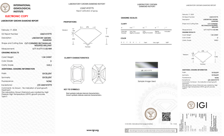 1.04 CT D kleur VVS2 Radiant Cut Lab Gegroeide diamant - IGI -gecertificeerd