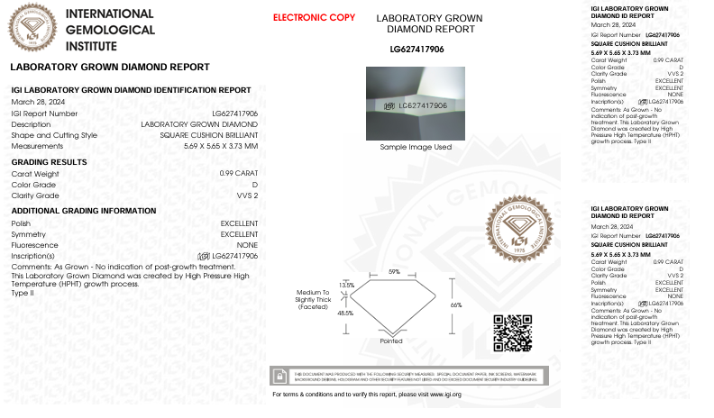 0.99 Carat Cushion Lab Grown Diamond, VVS2/D