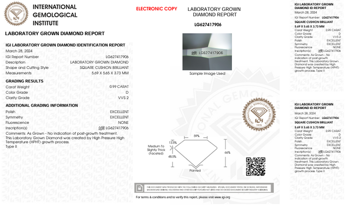 0.99 Carat Cushion Lab Grown Diamond, VVS2/D