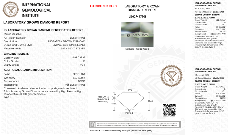 0.99 Carat Cushion Lab Grown Diamond,VS1/D