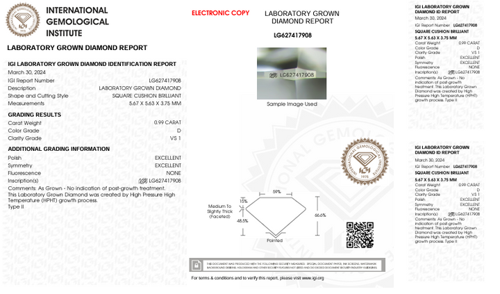 0.99 Carat Cushion Lab Grown Diamond,VS1/D