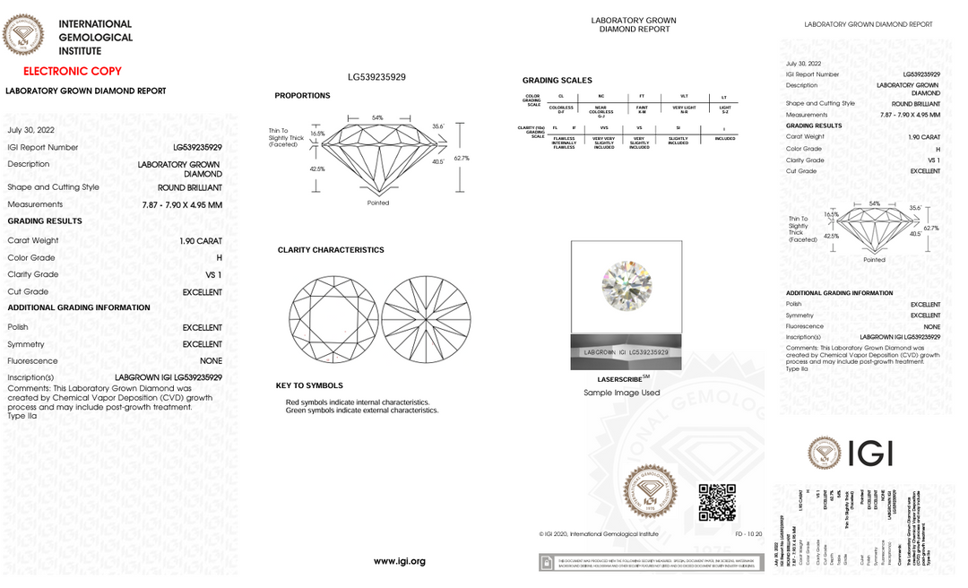 1.9 Carat Round Lab Grown Diamond, VS1/H