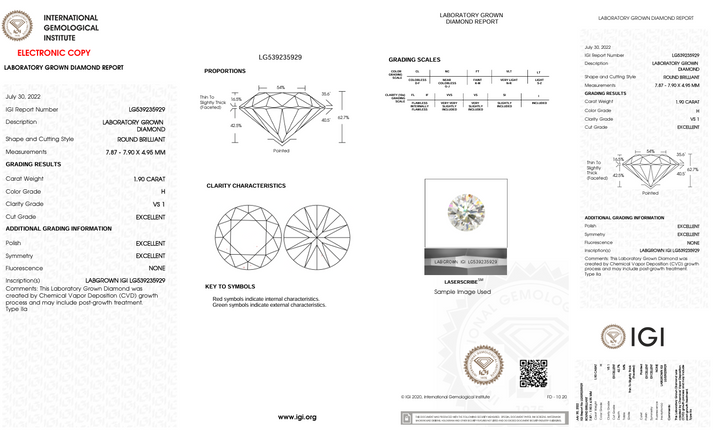 1.9 Carat Round Lab Grown Diamond, VS1/H