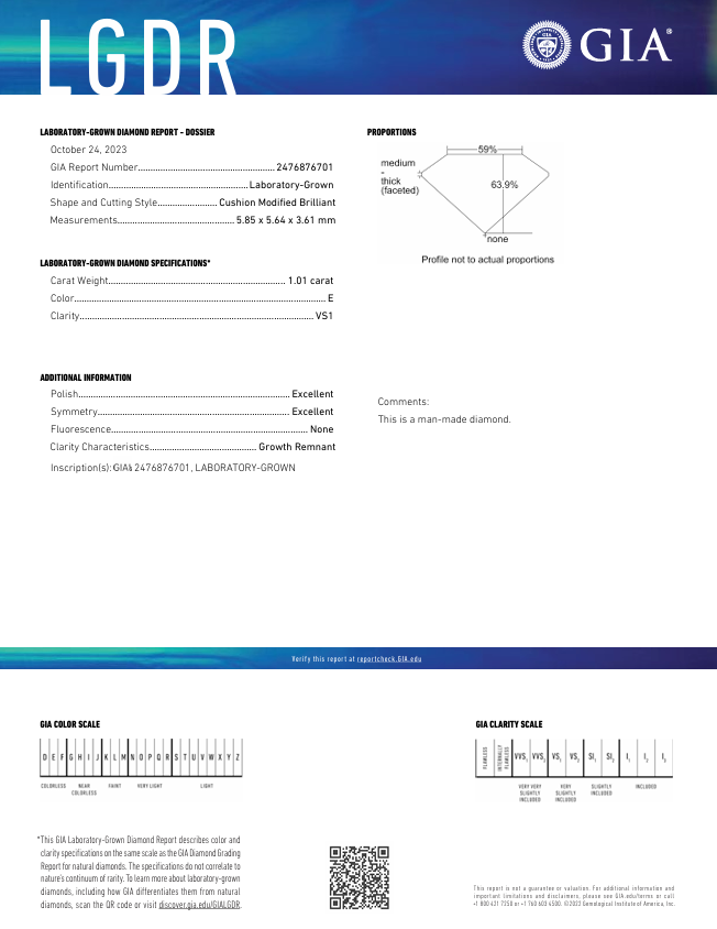 1.01 Carat Cushion Lab Grown Diamond, VS1/E