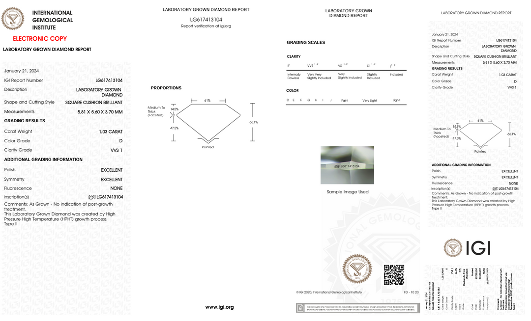 1,03 Ct D Color VVS1 Cushion Cut Lab, выращенное алмазом - IGI сертифицирован
