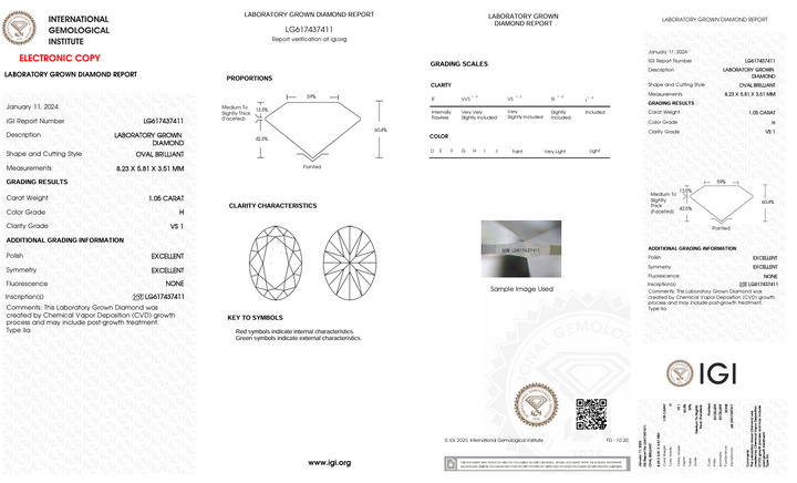1,05 ct H kleur VS1 ovaal gesneden lab gekweekte diamant - IGI -gecertificeerd
