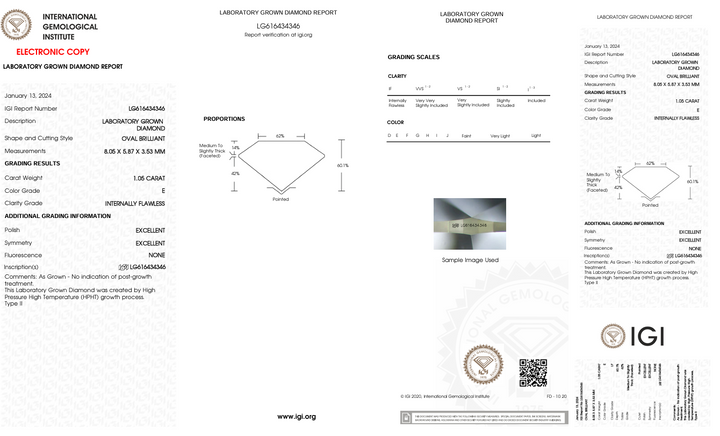 1,05 CT E cor se oval Cut Lab cultivado Diamond - Certificado IGI