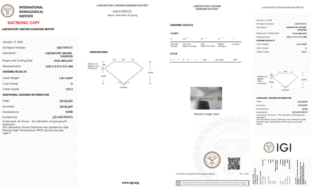 1.06 CT D RENK VVS2 Oval Kesim Laboratuar Yetiştirilmiş Elmas - IGI Sertifikalı
