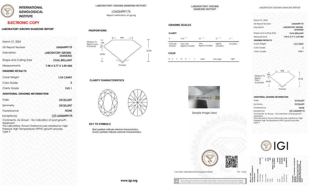 1,03 ct e warna vvs1 oval cut lab -dewasa berlian - IGI bersertifikat