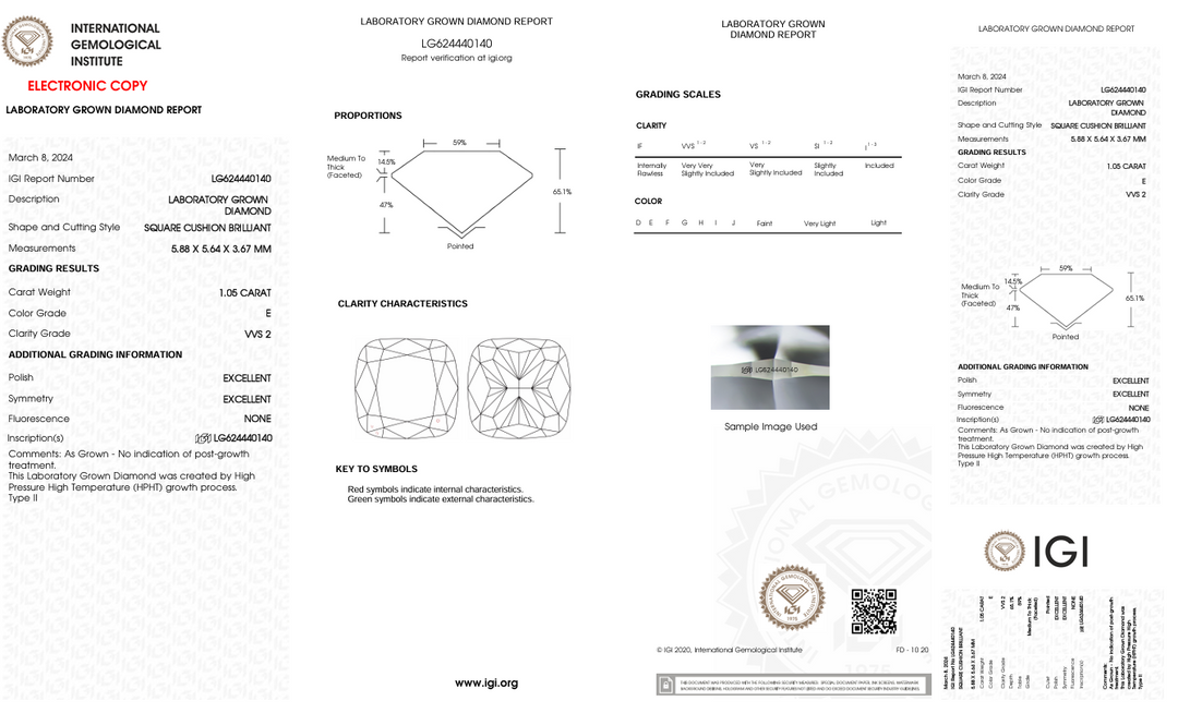 1,05 ct e kleur vvs2 kussen gesneden lab gekweekte diamant - igi gecertificeerd