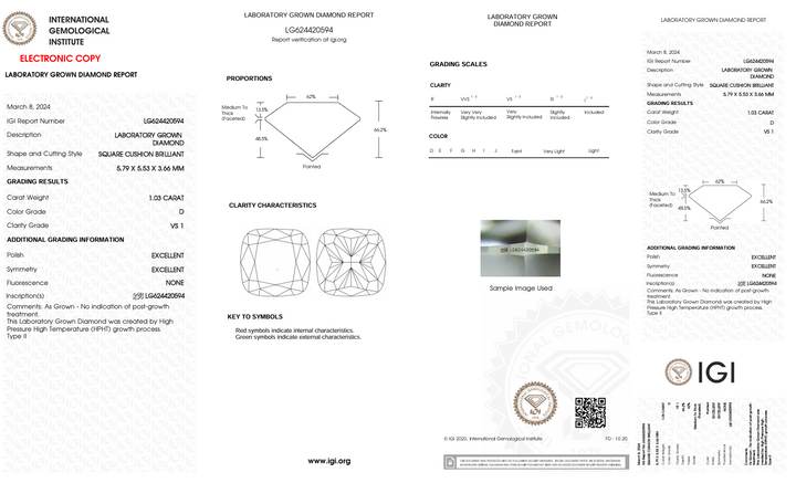 1.03 CT D COLOR VS1 CUSHION CUT MAINMOND Diamond - IGI معتمد