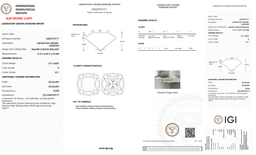 1.01 Carat Cushion Lab Grown Diamond, VS1/D