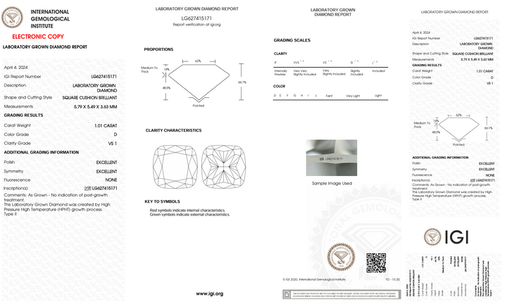 1.01 Carat Cushion Lab Grown Diamond, VS1/D