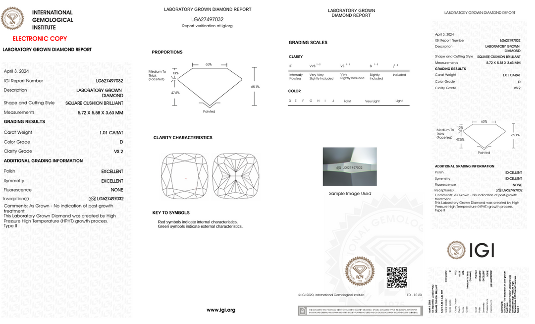 1.01 Carat Cushion Lab Grown Diamond, VS2/D