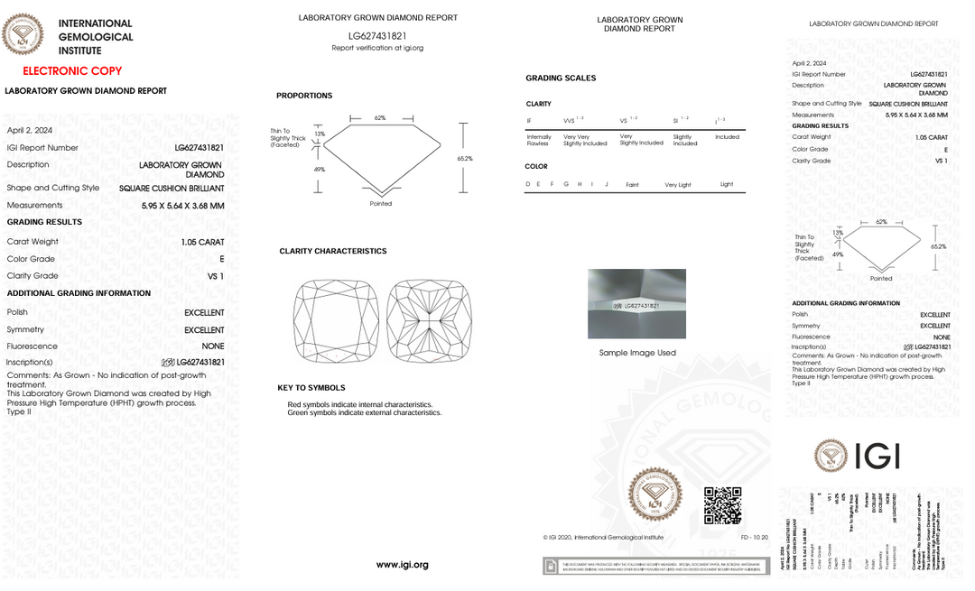 1,05 ct e kleur VS1 kussen gesneden lab gekweekte diamant - IgI -gecertificeerd