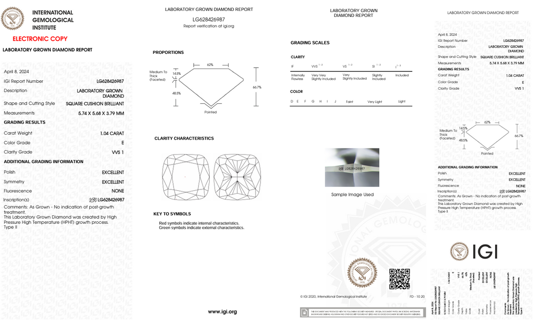 1.04 CT E Color VVS1 Cushion Cut Lab Gegroeide diamant - IGI -gecertificeerd