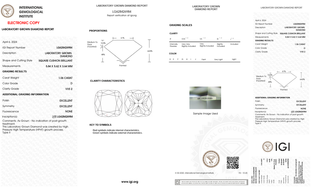 1.06 CT D RENK VVS2 Yastık Kesme Laboratuar Growed Diamond - IGI Sertifikalı
