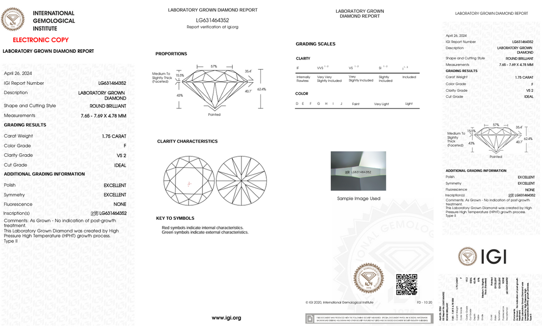1.75 Carat Round Lab Grown Diamond, VS2/F