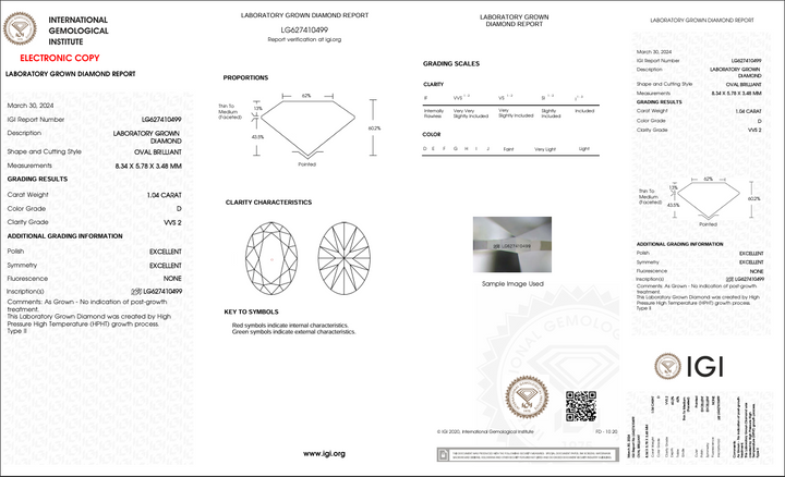 1,04 ct d warna vvs2 oval cut lab -dewasa berlian - IGI bersertifikat