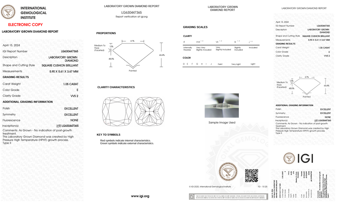 1,05 ct e kleur vvs2 kussen gesneden lab gekweekte diamant - igi gecertificeerd