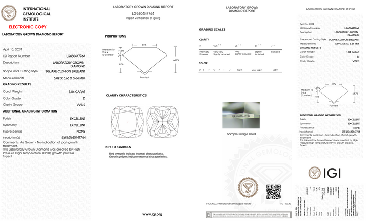 1.04 CT D kleur VVS2 kussen gesneden lab gekweekte diamant - IgI -gecertificeerd