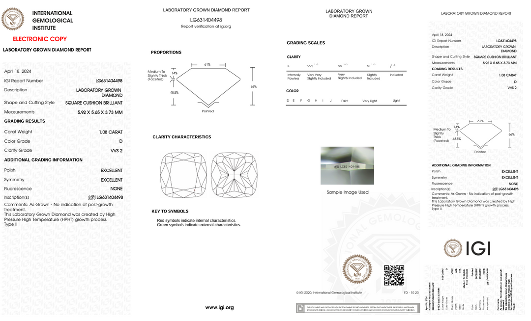1.08 CT D Renk VVS2 Yastık Kesme Laboratuar Grubu Elmas - IGI Sertifikalı