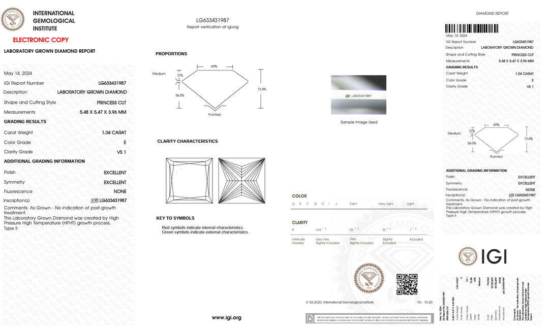 1.04 ct e kleur vs1 prinses gesneden lab gekweekte diamant - igi gecertificeerd
